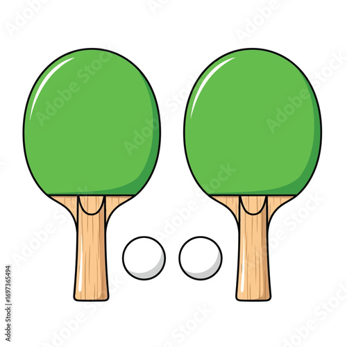 Two green table tennis rackets with two white ping pong balls.