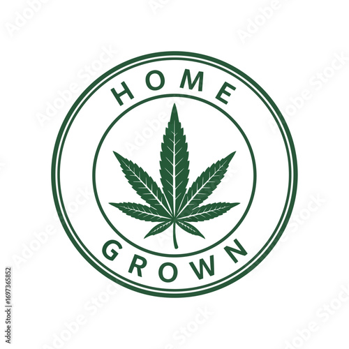 A green circular stamp logo with a cannabis leaf and the text 'HOME GROWN' on a white background.