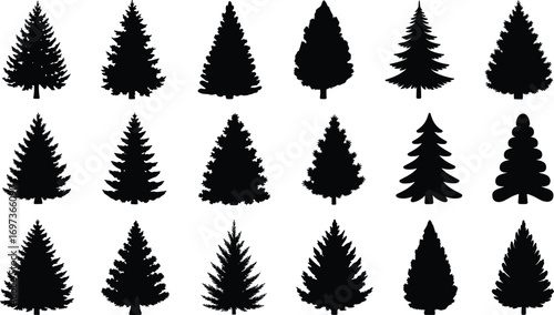 Silhouette Pine Tree Vector Set, Evergreen Forest Icons, Christmas Tree Elements, Nature Winter Trees Clipart, Fir Tree Design Bundle