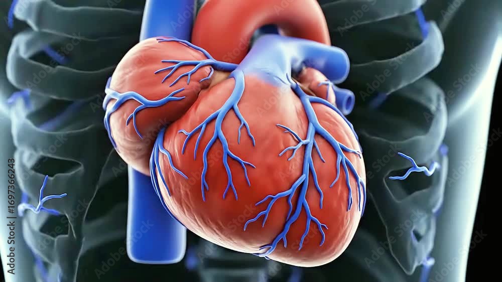 Detailed 3D Model of Human Heart Showing Anatomy with Blue Vessels for ...