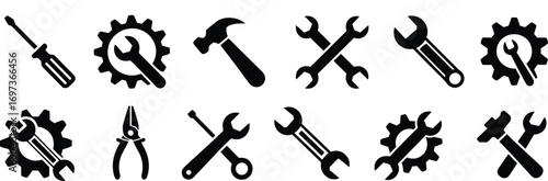 Tool Icon Set, Vector Repair Equipment Silhouettes, Maintenance Symbols, Black and White Workshop Tools, Construction Gear Icon Collection