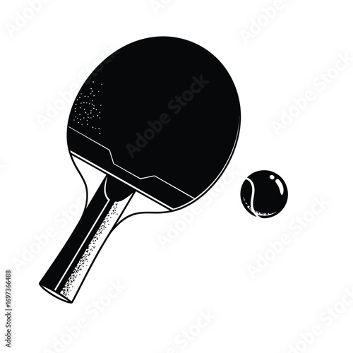 Illustration of a ping pong paddle and ball in black and white.