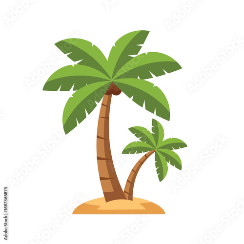 Two palm trees on a sandy beach, illustration.