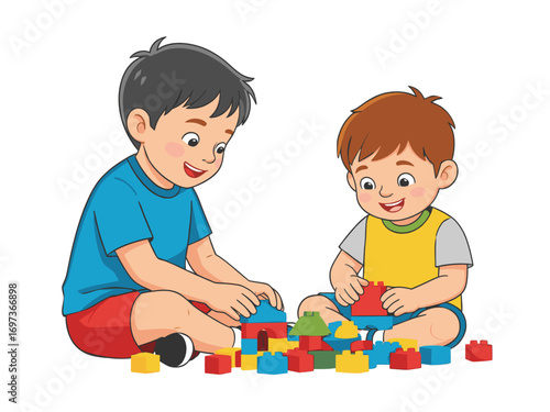 Two happy children sitting on the floor, playing together with building blocks, smiling and enjoying their time.