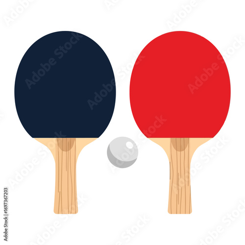 Two table tennis rackets, one red and one black, with a ping pong ball.