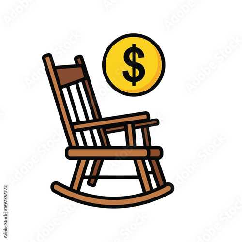 A wooden rocking chair with a gold coin featuring a dollar sign above it.