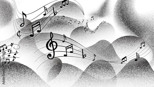 Music notes wave. Flowing musical staff lines with notes, clefs and melody rhythm patterns in dynamic circular, spiral and wavy shapes. Elegant swirling compositions for music posters. Vector set