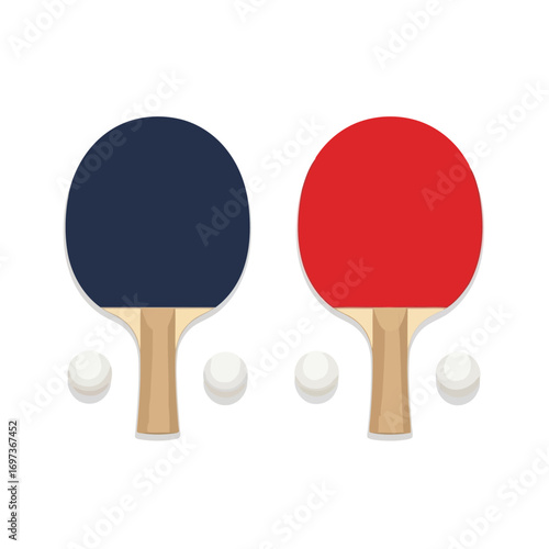 Two ping pong paddles, one blue and one red, with three white balls on a white background.