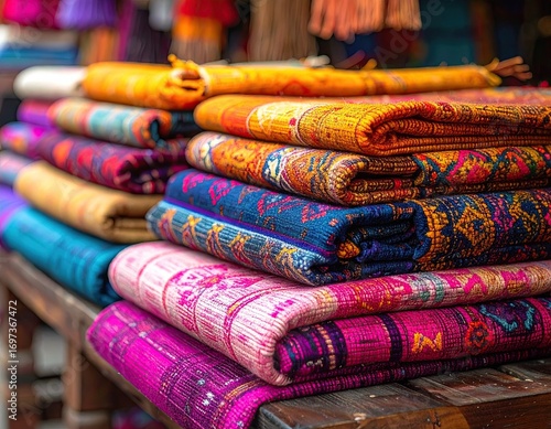 Colorful Stack of Woven Textiles at Market