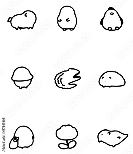 Charming collection of simple, hand-drawn cartoon creature icons for playful designs and branding