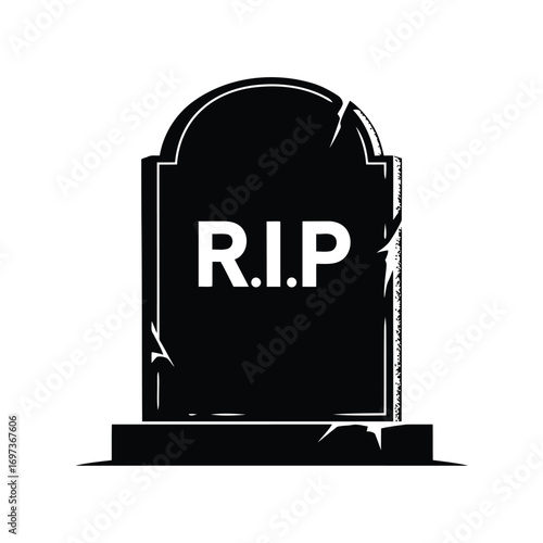 A black tombstone with 'R.I.P' inscribed on it, featuring a distressed texture, set against a white background.