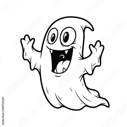 Cartoon ghost with a happy expression and raised arms.