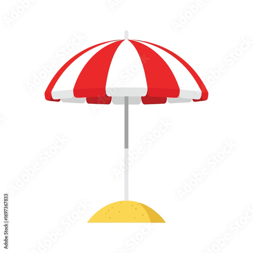 Illustration of a red and white striped beach umbrella on sand.