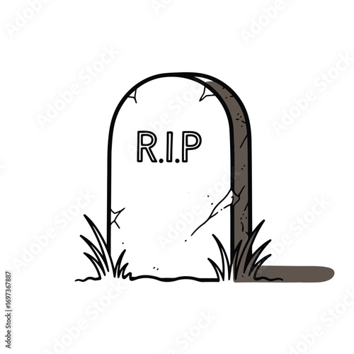 A simple cartoon illustration of a tombstone with R.I.P. inscribed on it, surrounded by grass.