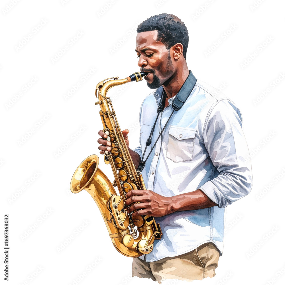 Naklejka premium African American Man Playing Golden Saxophone Watercolor Style.
