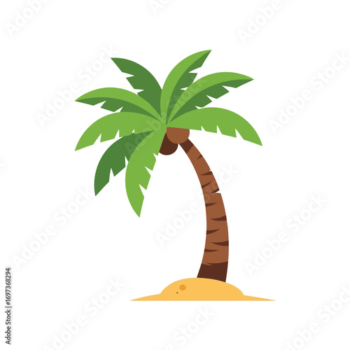 Illustration of a cartoon palm tree with green leaves, brown trunk, and sand.
