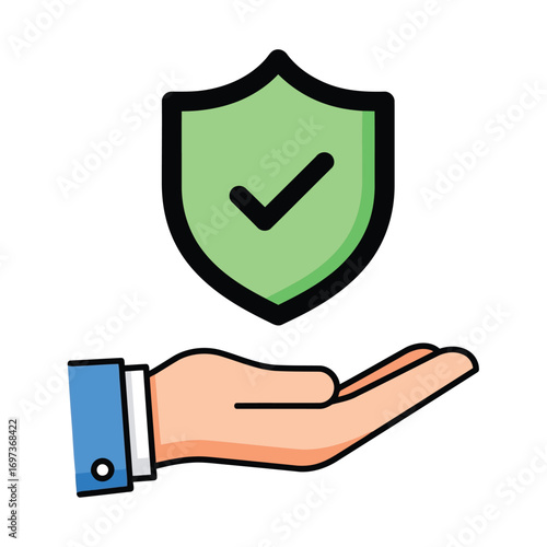 A hand holding a green shield with a checkmark, symbolizing protection and security.