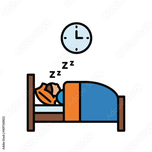 An illustration of a person sleeping soundly in bed with a clock indicating the time above them, symbolizing rest and routine.