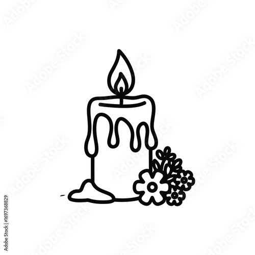 A detailed black and white illustration of a lit candle with melting wax and floral decorations.