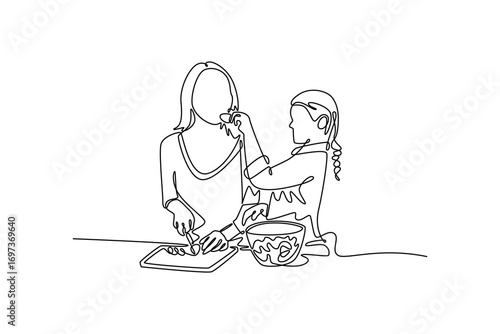 Cute little girl and her beautiful mother are cutting vegetables and smiling while cooking in kitchen. Cooking Family concept. Single line draw design. Vector graphic illustration