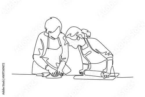 Cooking Family concept. Single line draw design. Vector graphic illustration