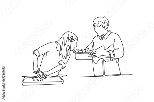 Cooking Family concept. Single line draw design. Vector graphic illustration