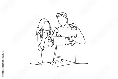 young couple cooking together. Cooking Family concept. Single line draw design. Vector graphic illustration