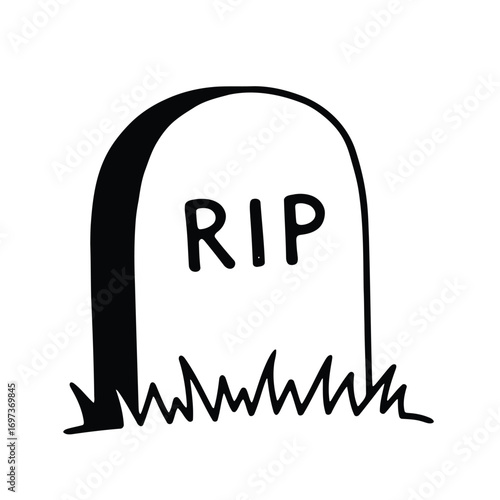Hand-drawn black and white gravestone with RIP text and grass, symbolizing death or remembrance.
