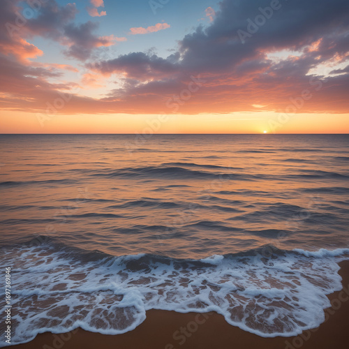 sun is setting on the faraway beach