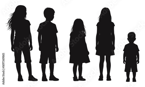Untitled-15Silhouette of six children standing in various poses different ages diverse group family concept vector illustration design