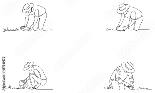 Farmer line drawing set agriculture worker planting and harvesting illustration
