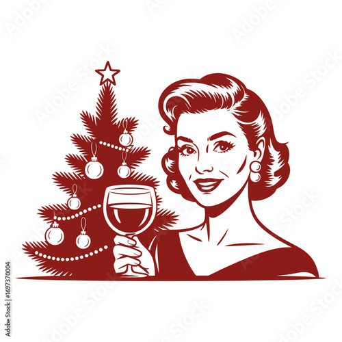 Retro Christmas Woman with Wine Glass Illustration