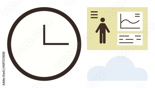 Clock representing time next to a dashboard showing data graphs, figures, and human figure graphic. Ideal for planning, productivity, analysis, goal setting, work-life balance, data tracking simple