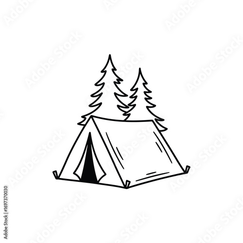 Simple black and white camping tent graphic with two pine trees.