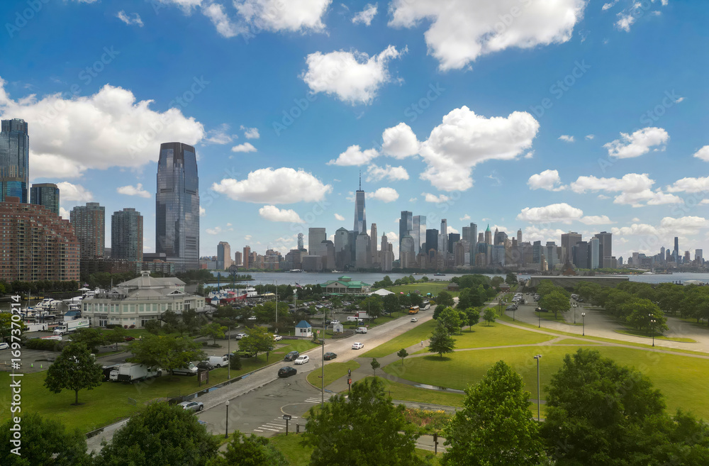 Fototapeta premium Manhattan skyline, New York, United States. Aerial view of New York city skyscrapers in Manhattan. USA NYC. NY city. Lower NYC skyline. New York cityscape. America, New York City above. NYC landmark.