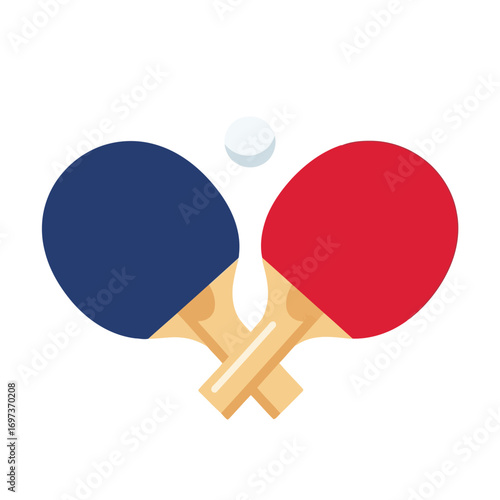 Two crossed table tennis paddles, one blue and one red, with a white ping pong ball floating above them, depicted in a flat graphic style.