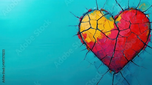 Colorful painted heart with crackle effect on bright blue background symbolizing love and emotional pain or healing through art therapy or creative expression
