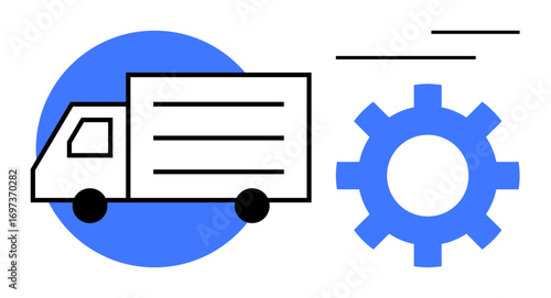 Delivery truck moving forward accompanied by a gear, representing logistics, shipping, automation, process optimization, innovation, technology, business solutions, and a simple flat metaphor