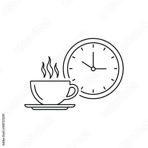 A steaming cup of coffee or tea beside a clock, representing a break time.