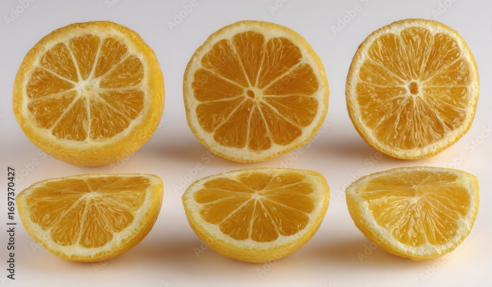 Obraz premium Six lemon halves, three whole, three cut, on white, show segmented pulp and rind detail. Minimal shadows