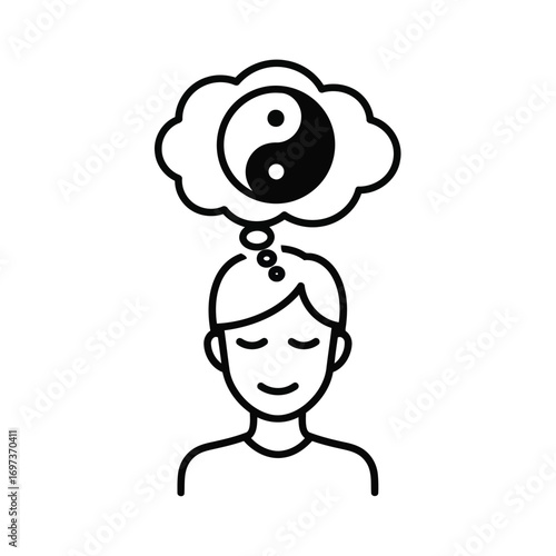 Thoughtful person with a yin and yang symbol in a thought bubble, suggesting balance and mindfulness.