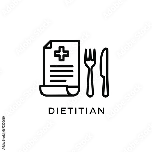 A minimalist line art icon representing a dietitian, featuring a document with a medical cross, a fork, and a knife.