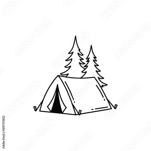 A simple black and white line art illustration of a classic A-frame tent pitched in a natural forest setting with two tall pine trees behind it, symbolizing outdoor adventure and nature.
