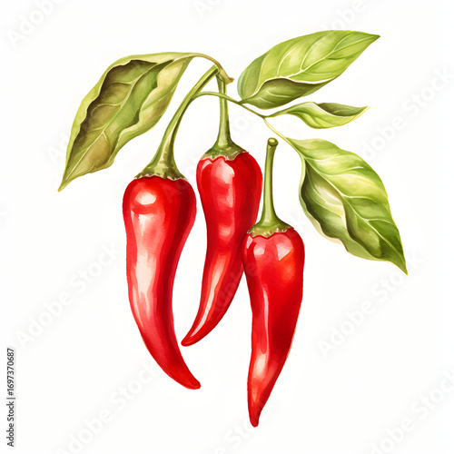 Red chili hot pepper bush watercolor illustration isolated on white background.