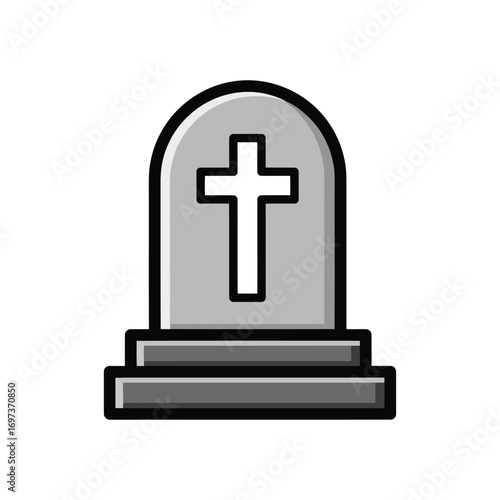 A simple cartoon illustration of a grey tombstone with a Christian cross on a white background.