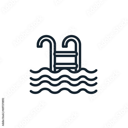 A simple line art illustration of a swimming pool ladder emerging from wavy water.