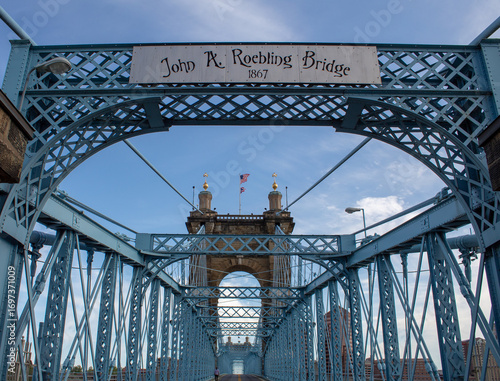 The John A. Roebling Suspension Bridge connects Cincinnati, Ohio and Covington, Kentucky.