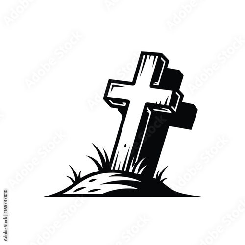 A simple black and white illustration of a wooden cross in the ground.