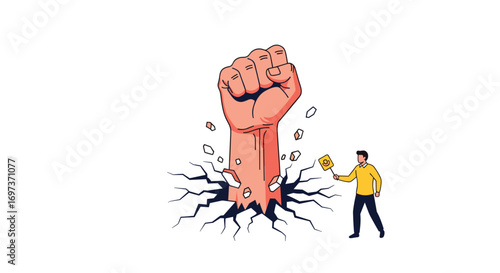 Giant fist breaking through ground symbolizing power and impact for success