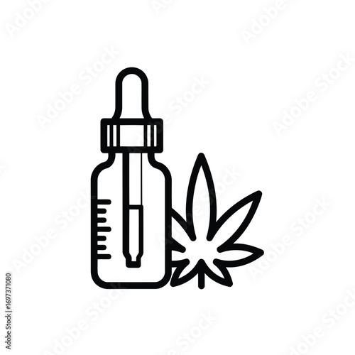 A black and white line drawing of a dropper bottle next to a cannabis leaf.